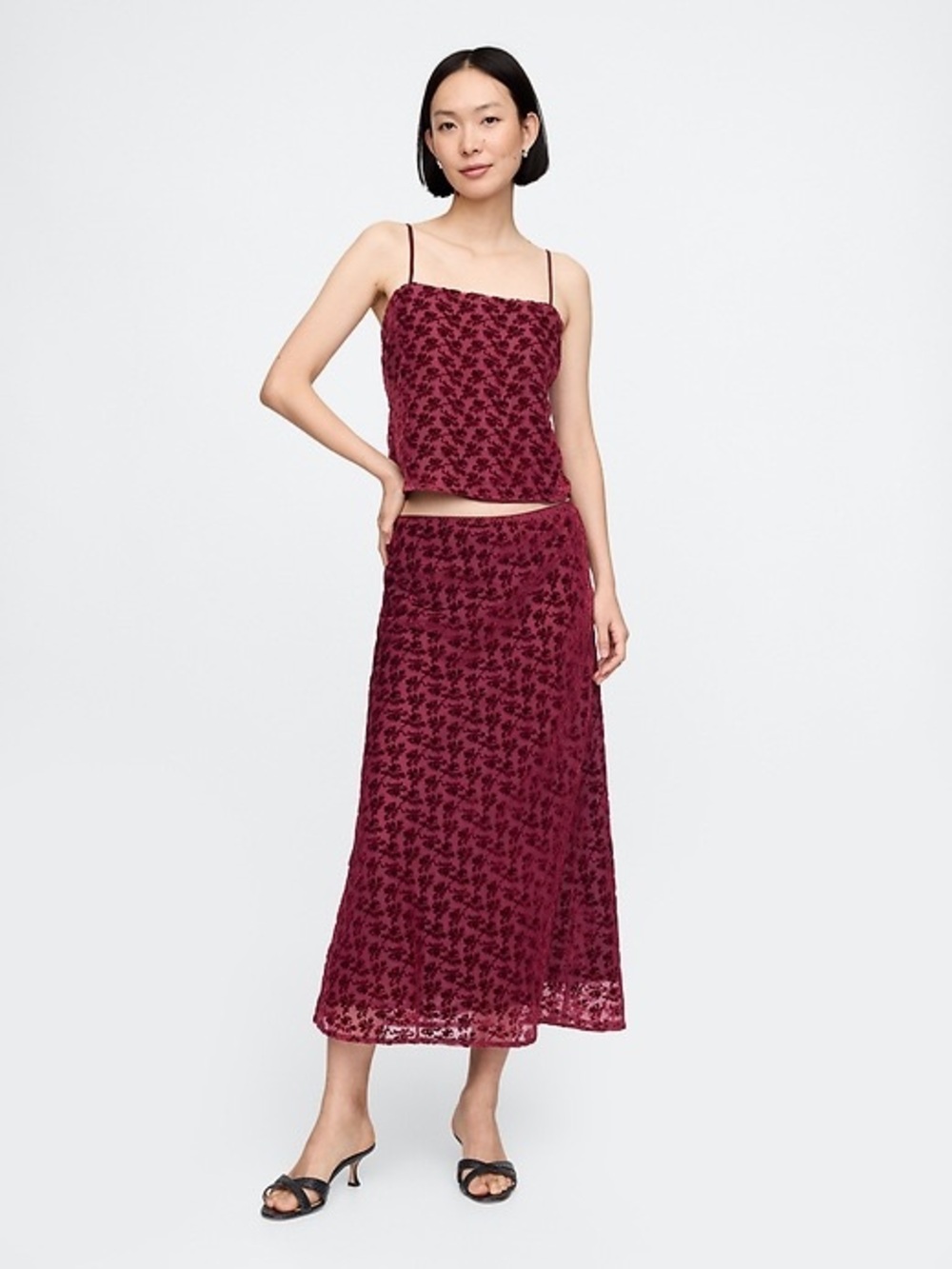 The Gap Women's Burgundy Burnout Velvet Midi Skirt & Tank Top Set NWT